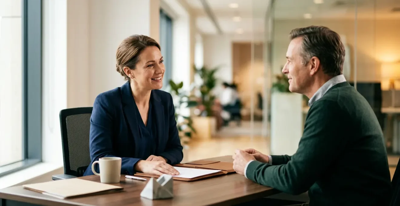 Professionnel de la finance et client étudiant des documents de crédit immobilier, symbolisant l'accompagnement dans un parcours d'emprunt complexe