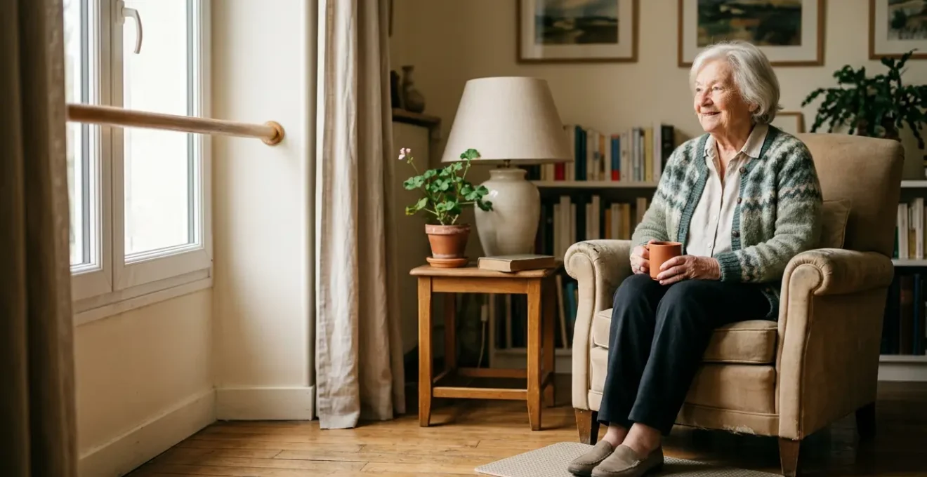 Personne âgée sereine dans son salon adapté avec équipements de sécurité et confort pour le maintien à domicile