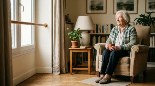 Personne âgée sereine dans son salon adapté avec équipements de sécurité et confort pour le maintien à domicile