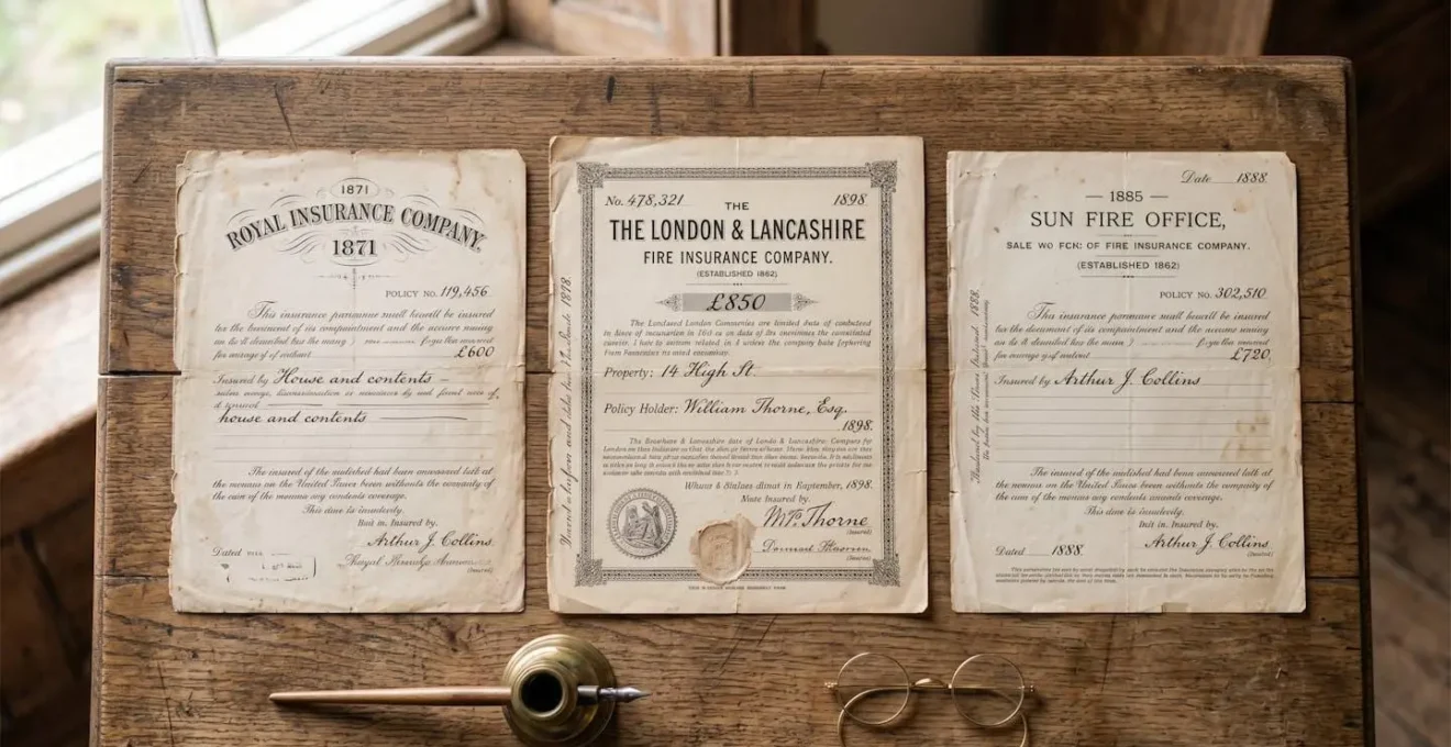 Documents d'assurance anciens posés sur une surface en bois avec éclairage naturel doux et composition symétrique