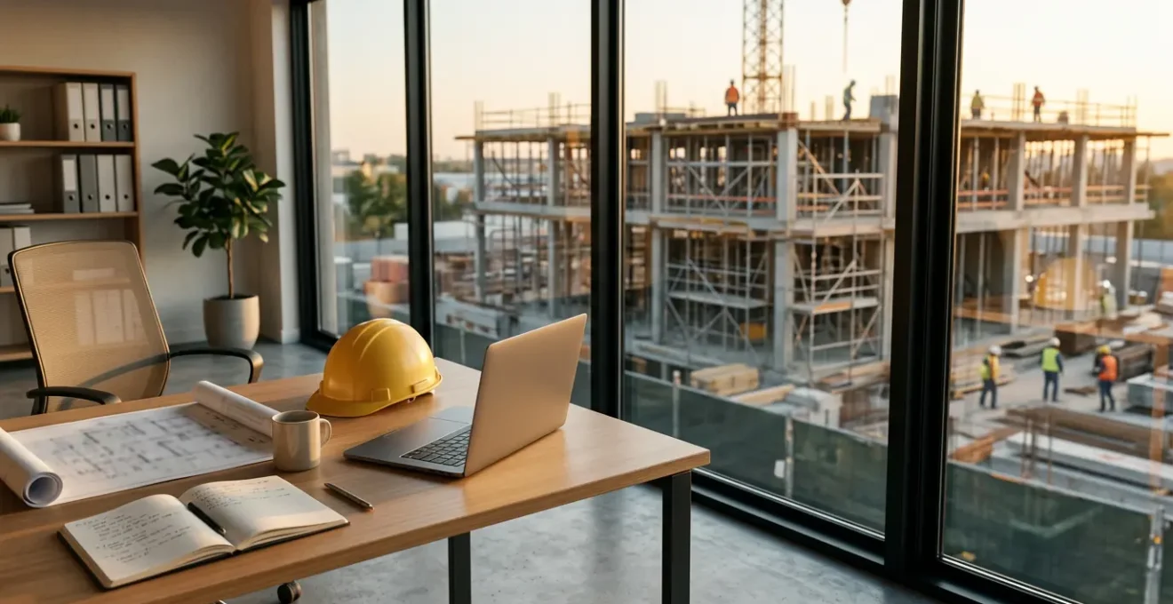 Artisan du bâtiment consultant son attestation décennale dans son bureau avec vue sur un chantier