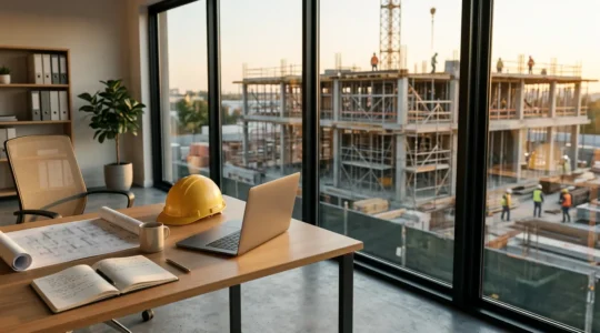 Artisan du bâtiment consultant son attestation décennale dans son bureau avec vue sur un chantier