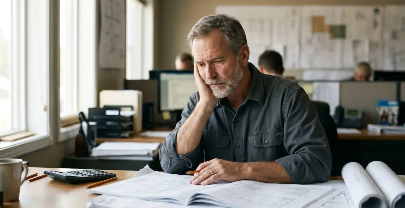 Artisan calculant sa prime d'assurance décennale dans son bureau