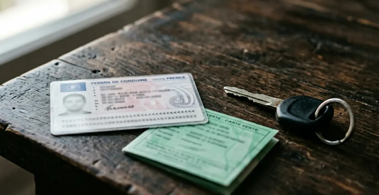 Carte verte d'assurance automobile sur un permis de conduire français avec des clés de voiture symbolisant la récupération du droit de conduire après invalidation