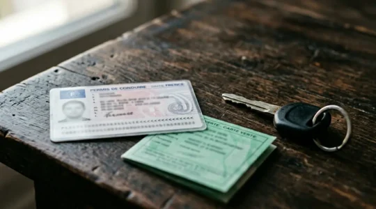 Carte verte d'assurance automobile sur un permis de conduire français avec des clés de voiture symbolisant la récupération du droit de conduire après invalidation