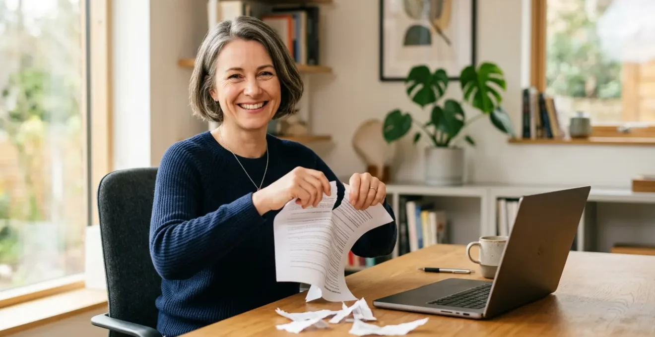 Personne déchirant des documents d'assurance en souriant, symbole de liberté de résiliation