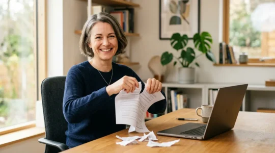 Personne déchirant des documents d'assurance en souriant, symbole de liberté de résiliation