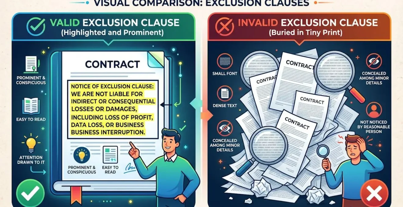 Comparaison visuelle entre clause d'exclusion valide en gras et clause non valide noyée dans le texte