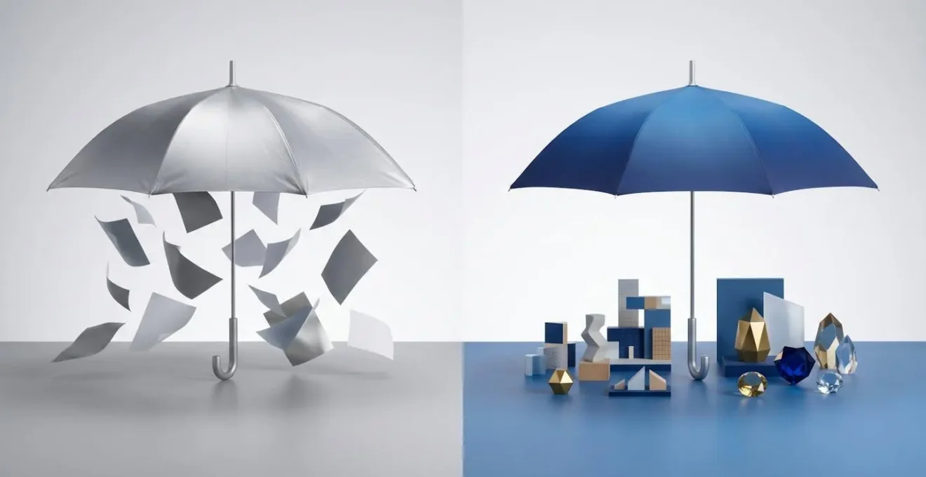 Composition symbolique montrant deux parapluies de protection pour illustrer les couvertures d'assurance complémentaires