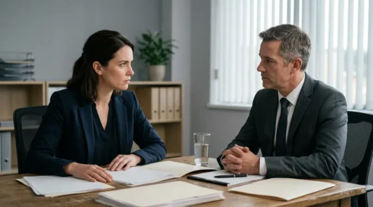 Scène représentant un échange entre un assuré et un représentant d'assurance autour de documents contractuels