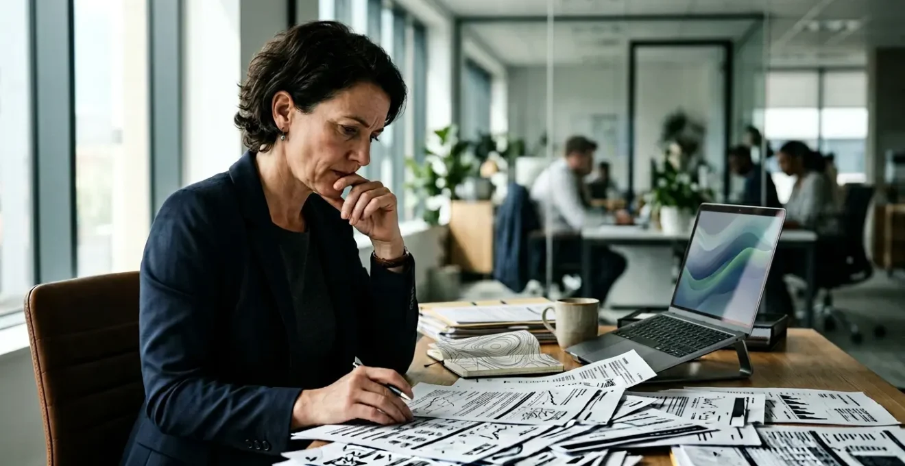 Consultant professionnel examinant des documents d'assurance avec concentration dans un bureau moderne