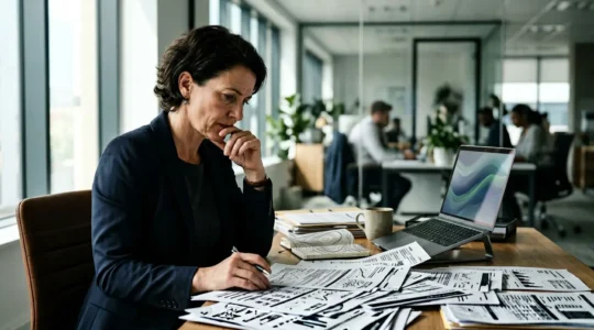 Consultant professionnel examinant des documents d'assurance avec concentration dans un bureau moderne