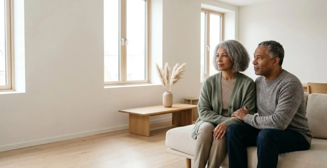 Photographie environnementale minimaliste d'un couple de seniors dans un intérieur lumineux avec espace négatif symbolisant la planification sereine