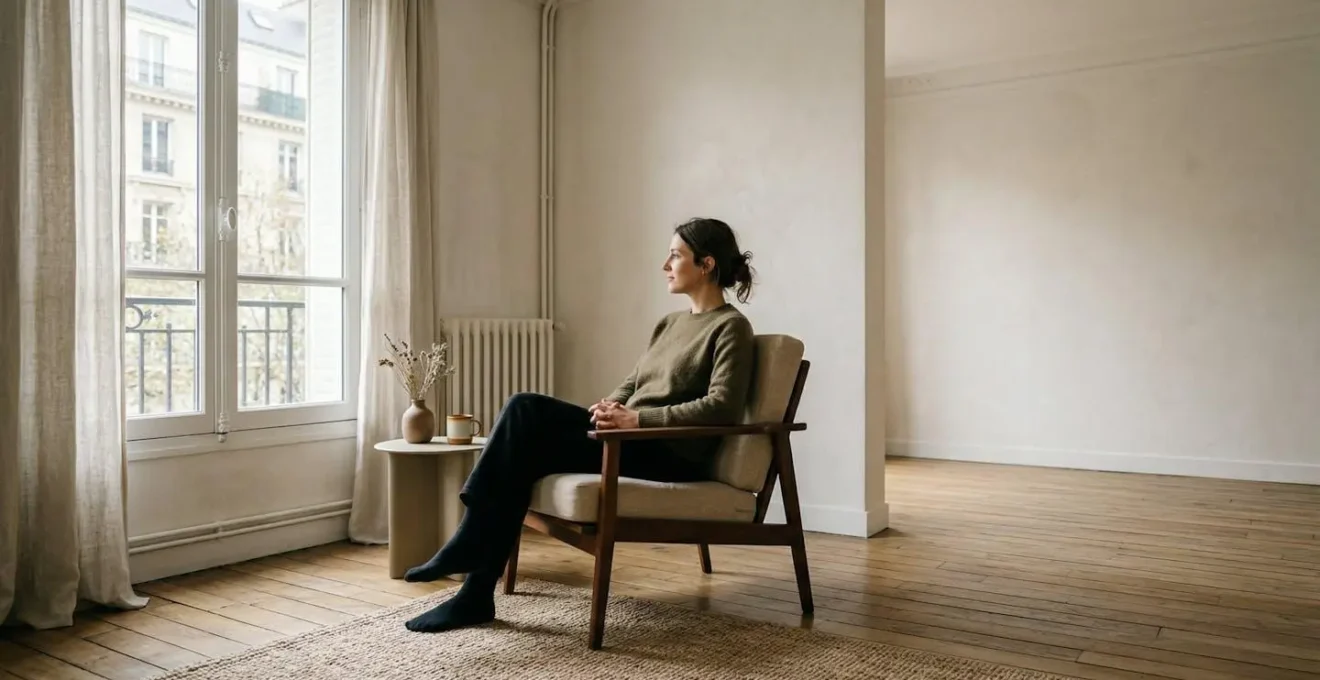 Scène éditoriale minimaliste d'un intérieur de logement français sobre avec des éléments symboliques liés à l'assurance habitation