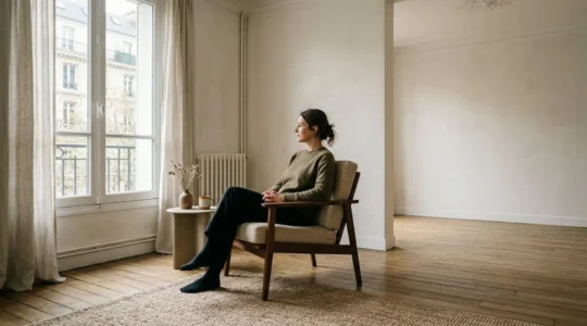 Scène éditoriale minimaliste d'un intérieur de logement français sobre avec des éléments symboliques liés à l'assurance habitation