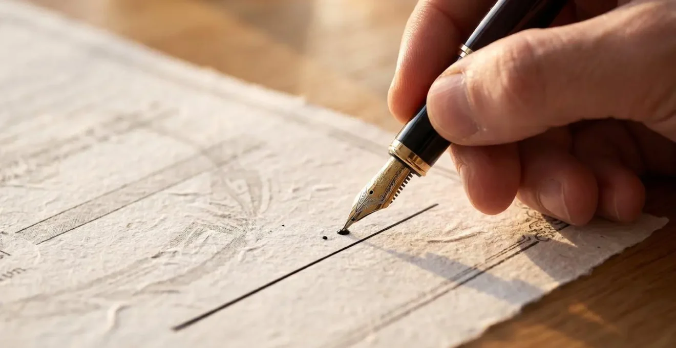 Vue macro d'une main signant un document contractuel avec stylo plume de qualité
