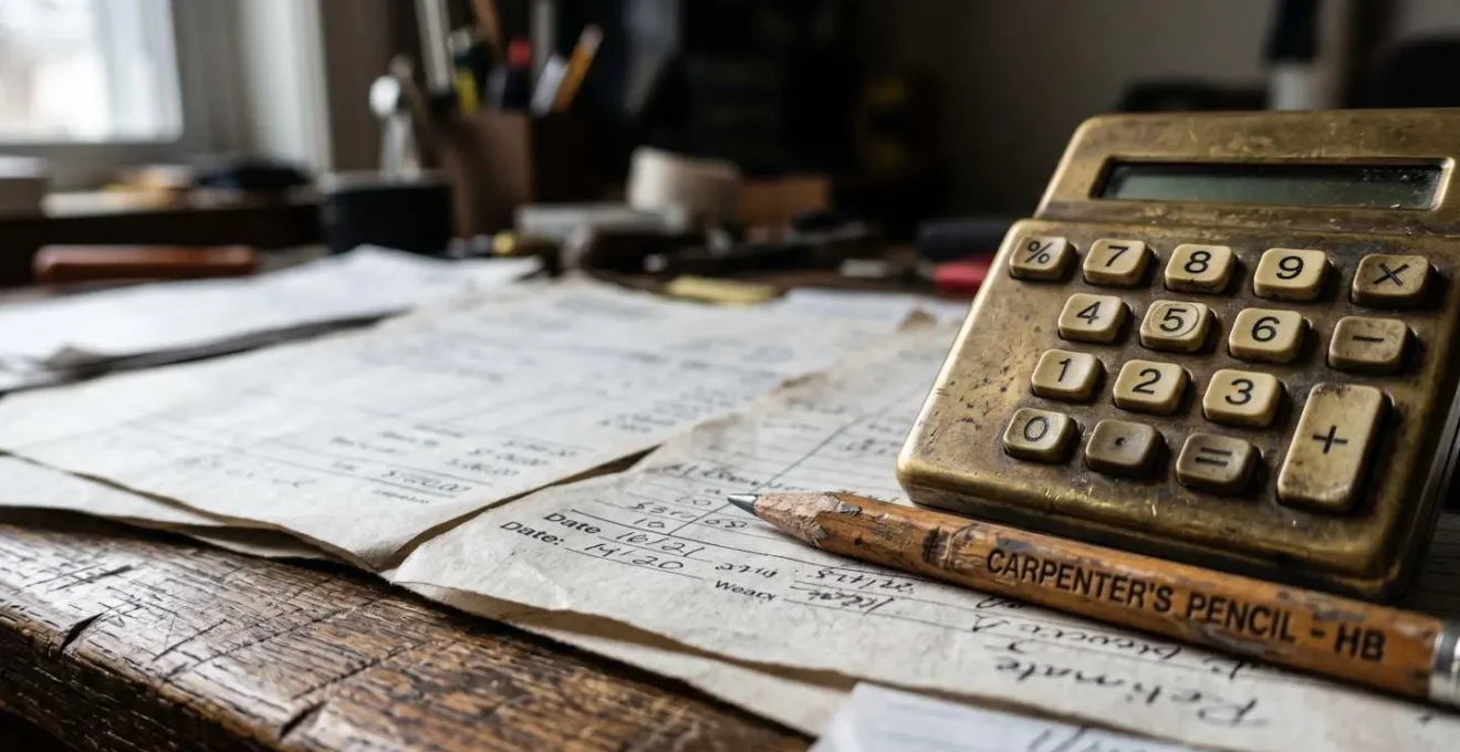 Bureau avec documents de devis floutés et calculatrice, vue macro sur les détails