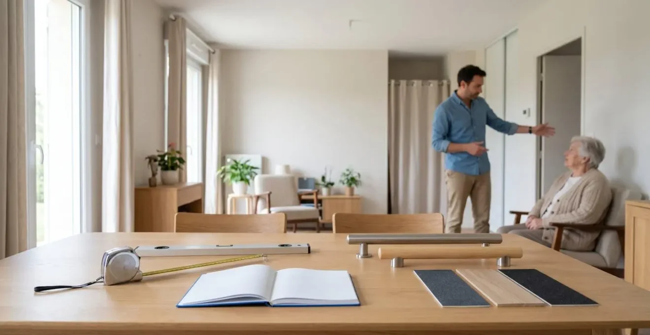 Ergothérapeute réalisant une évaluation à domicile auprès d'une personne âgée pour adapter le logement
