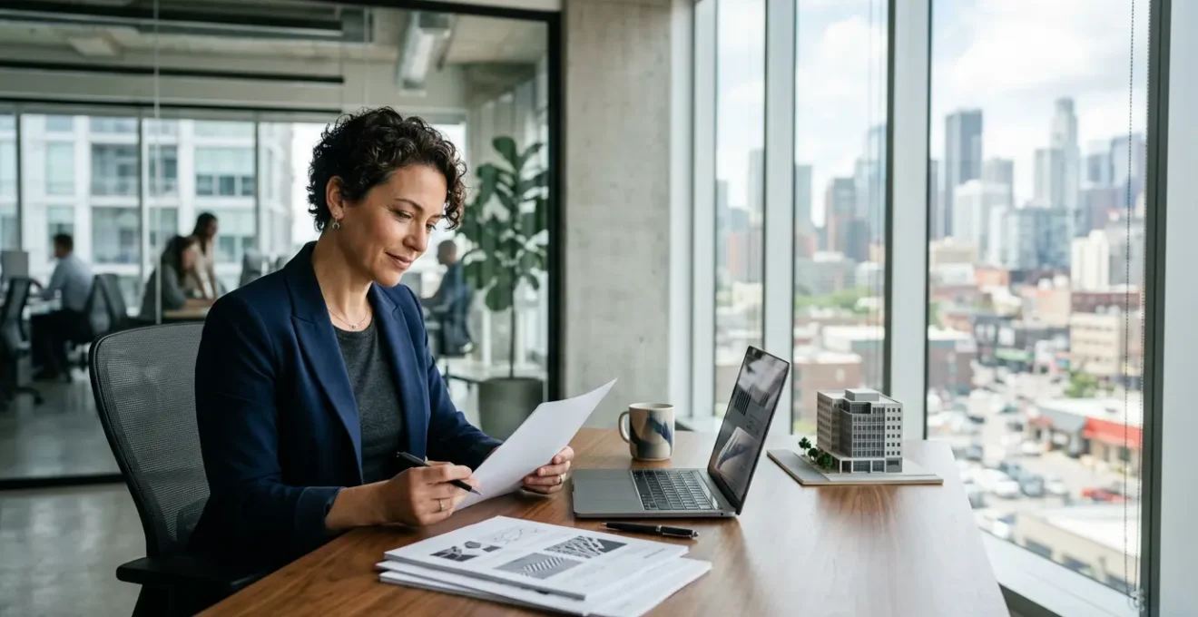 Dirigeant de TPE examinant des documents d'assurance dans son bureau moderne avec vue sur la ville