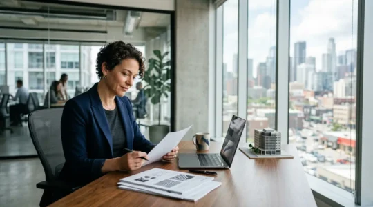 Dirigeant de TPE examinant des documents d'assurance dans son bureau moderne avec vue sur la ville