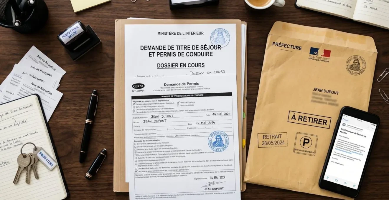 Vue en plongée d'un bureau avec des documents administratifs officiels français, un téléphone et une enveloppe symbolisant les démarches de récupération de permis