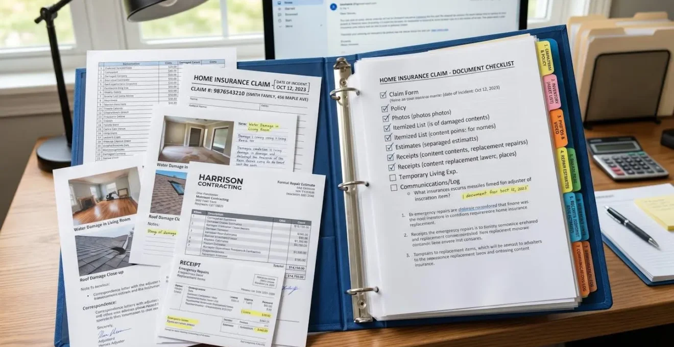 Dossier organisé de justificatifs pour déclaration de sinistre assurance habitation