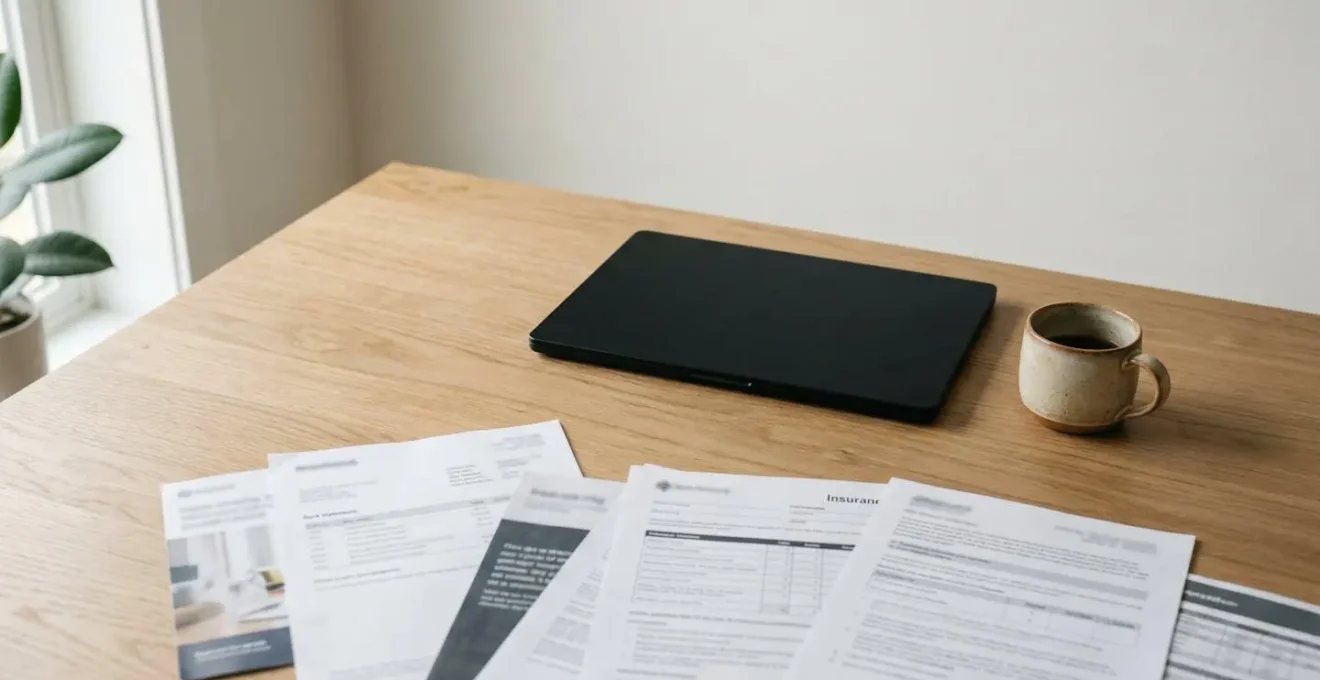 Vue d'ensemble minimaliste montrant des documents d'assurance et relevés bancaires flous illustrant l'optimisation des garanties