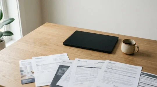 Vue d'ensemble minimaliste montrant des documents d'assurance et relevés bancaires flous illustrant l'optimisation des garanties