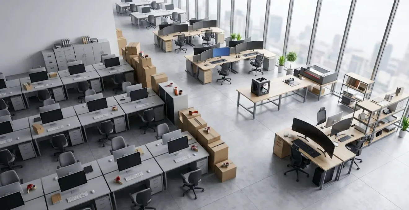 Vue aérienne minimaliste d'un espace de bureau en transformation avec nouveaux équipements