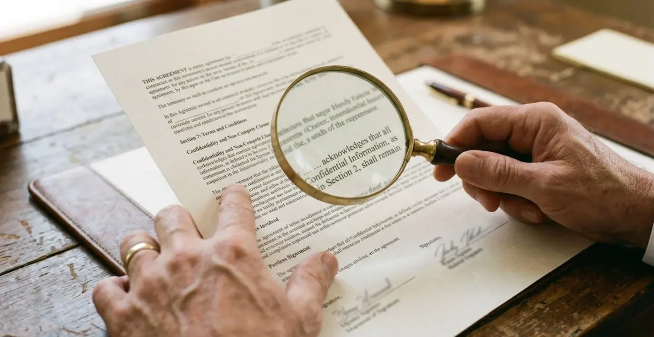 Gros plan sur des mains scrutant attentivement un document contractuel avec une loupe