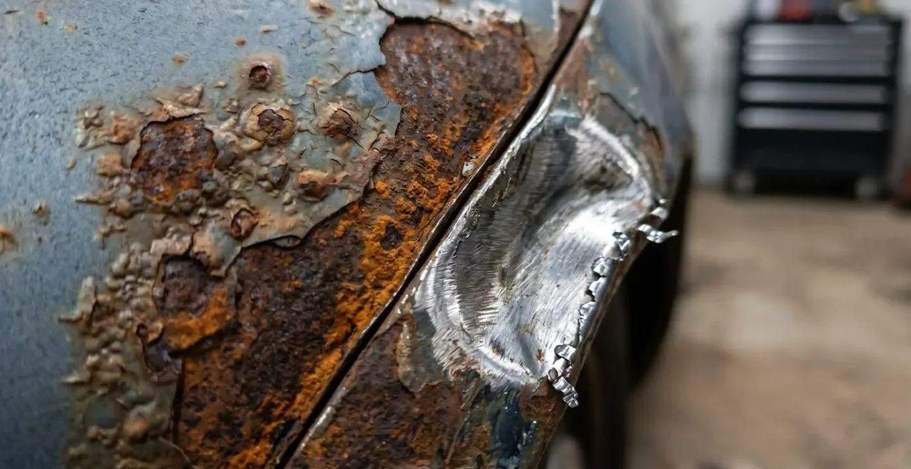 Expert automobile examinant la vétusté d'une carrosserie endommagée