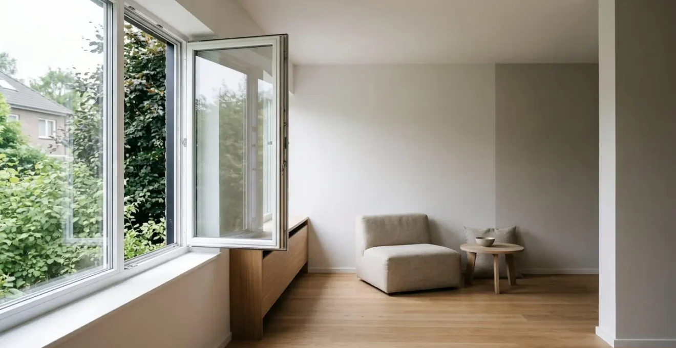 Détail architectural d'une fenêtre résidentielle partiellement ouverte symbolisant la question de la négligence en assurance
