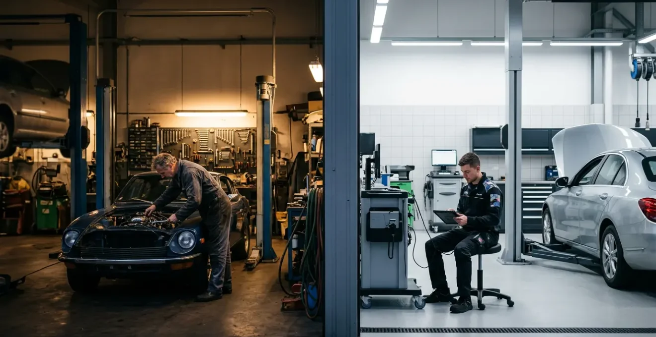 Mécanicien indépendant et concessionnaire agréé côte à côte dans leurs ateliers respectifs