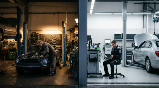 Mécanicien indépendant et concessionnaire agréé côte à côte dans leurs ateliers respectifs
