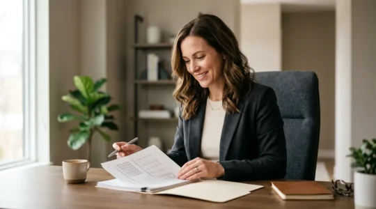 Professionnel de la finance consultant des documents contractuels dans un bureau moderne