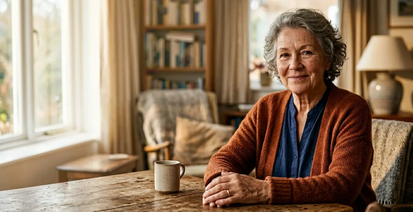 Photographie éditoriale d'une personne âgée dans un environnement chaleureux avec lumière naturelle symbolisant sérénité et sécurité financière