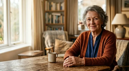 Photographie éditoriale d'une personne âgée dans un environnement chaleureux avec lumière naturelle symbolisant sérénité et sécurité financière
