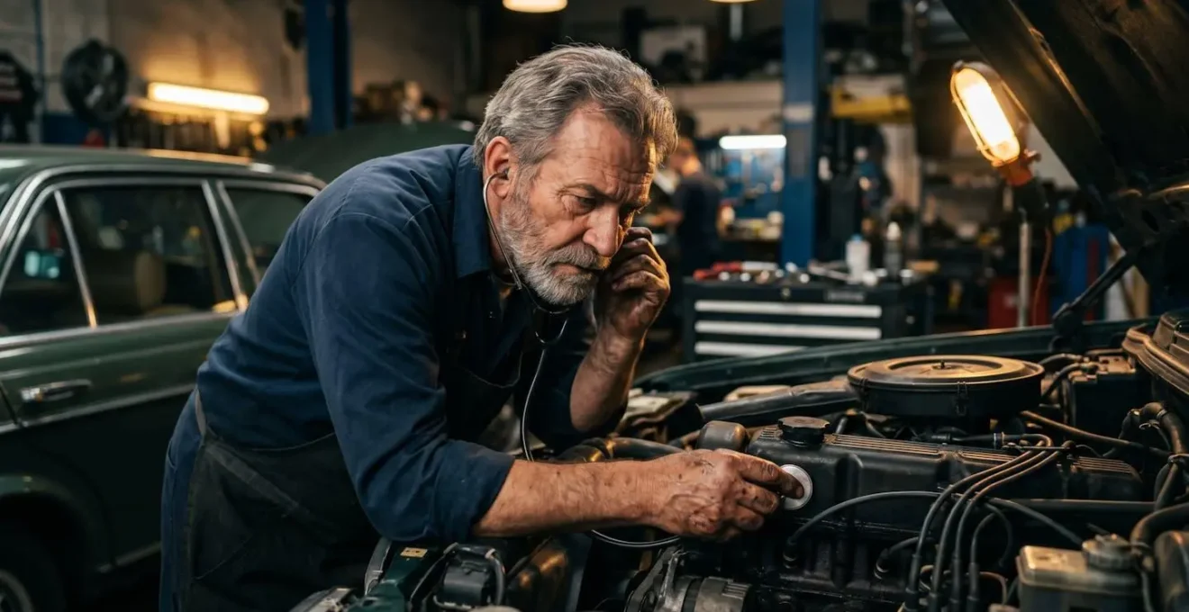 Mécanicien écoutant attentivement le moteur d'une voiture avec un stéthoscope automobile