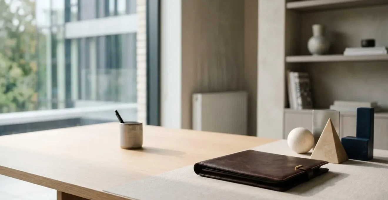 Vue d'ensemble minimaliste symbolisant la planification financière et patrimoniale pour un achat immobilier senior