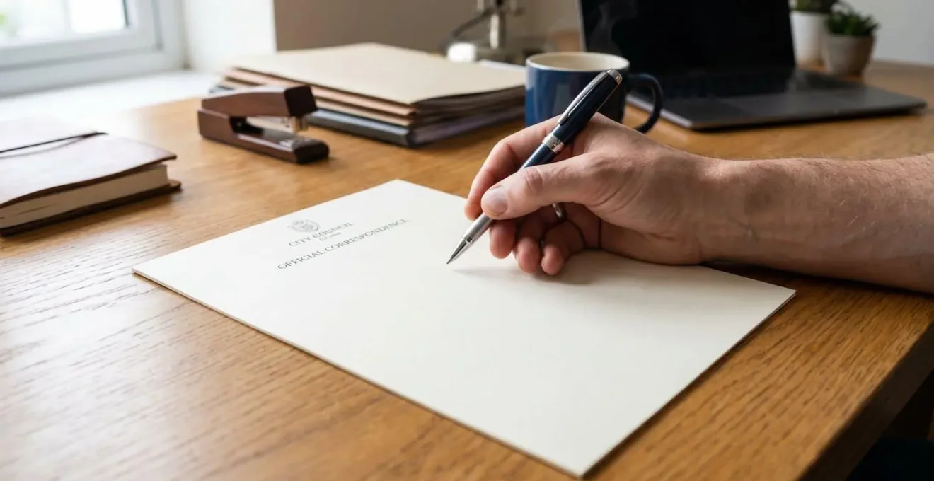 Main tenant un stylo au-dessus d'une lettre officielle vierge sur un bureau