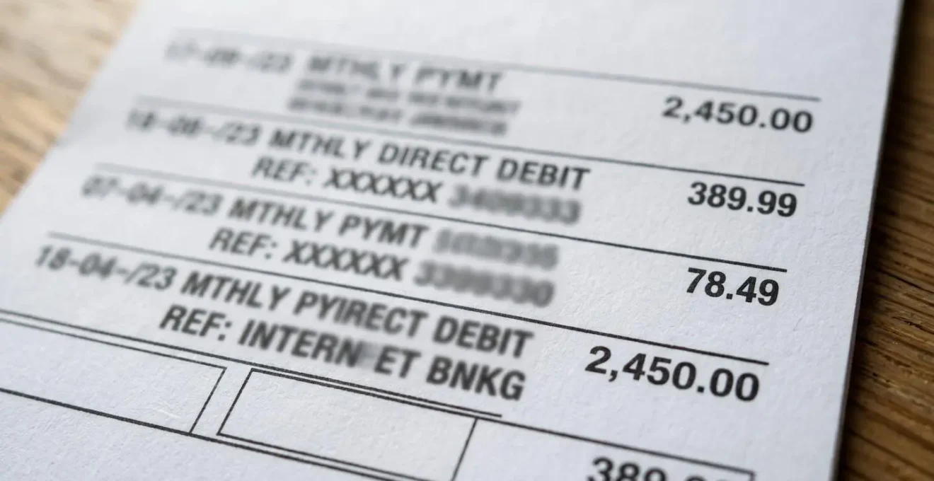 Gros plan macro sur des lignes de relevé bancaire montrant des montants mensuels récurrents sans texte lisible