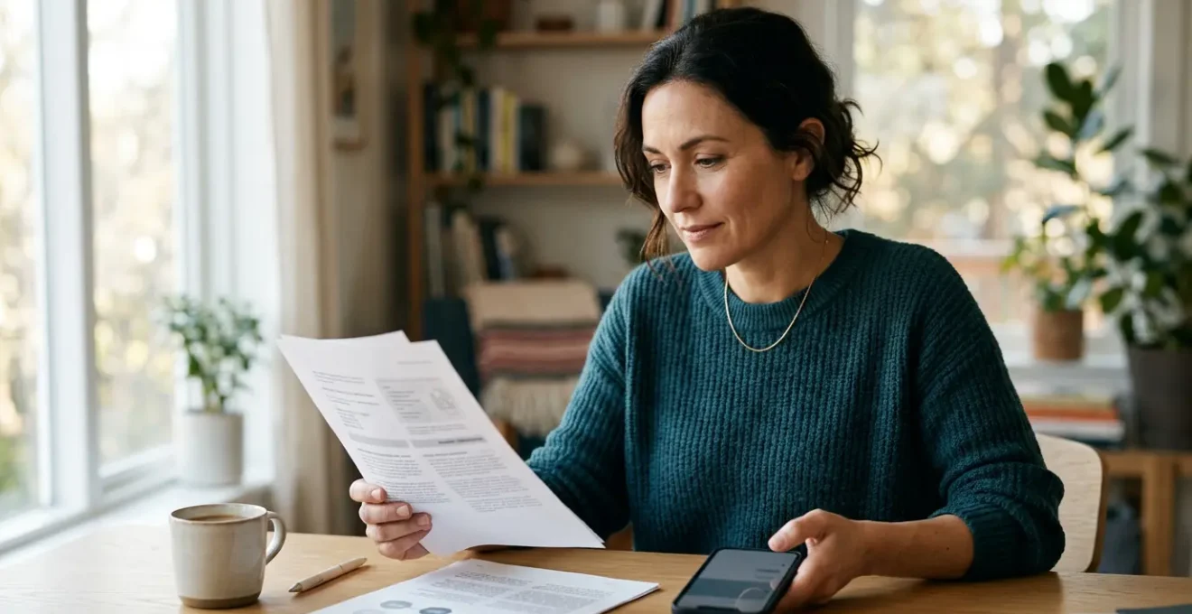 Personne tenant des documents administratifs et calculatrice symbolisant la résiliation de mutuelle santé pour réaliser des économies