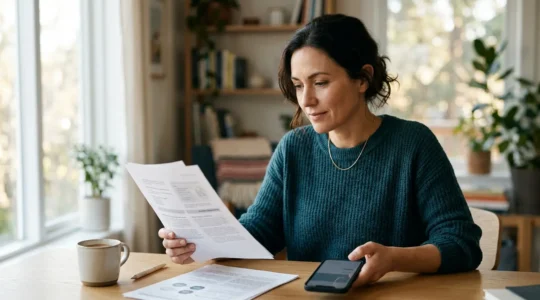 Personne tenant des documents administratifs et calculatrice symbolisant la résiliation de mutuelle santé pour réaliser des économies