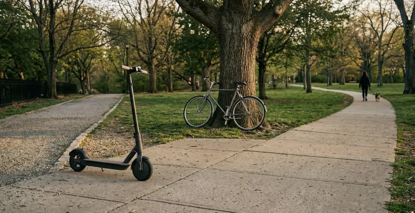 Scène urbaine montrant une trottinette, un vélo et un animal de compagnie dans un espace public illustrant les risques de responsabilité civile