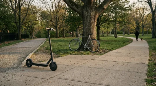 Scène urbaine montrant une trottinette, un vélo et un animal de compagnie dans un espace public illustrant les risques de responsabilité civile