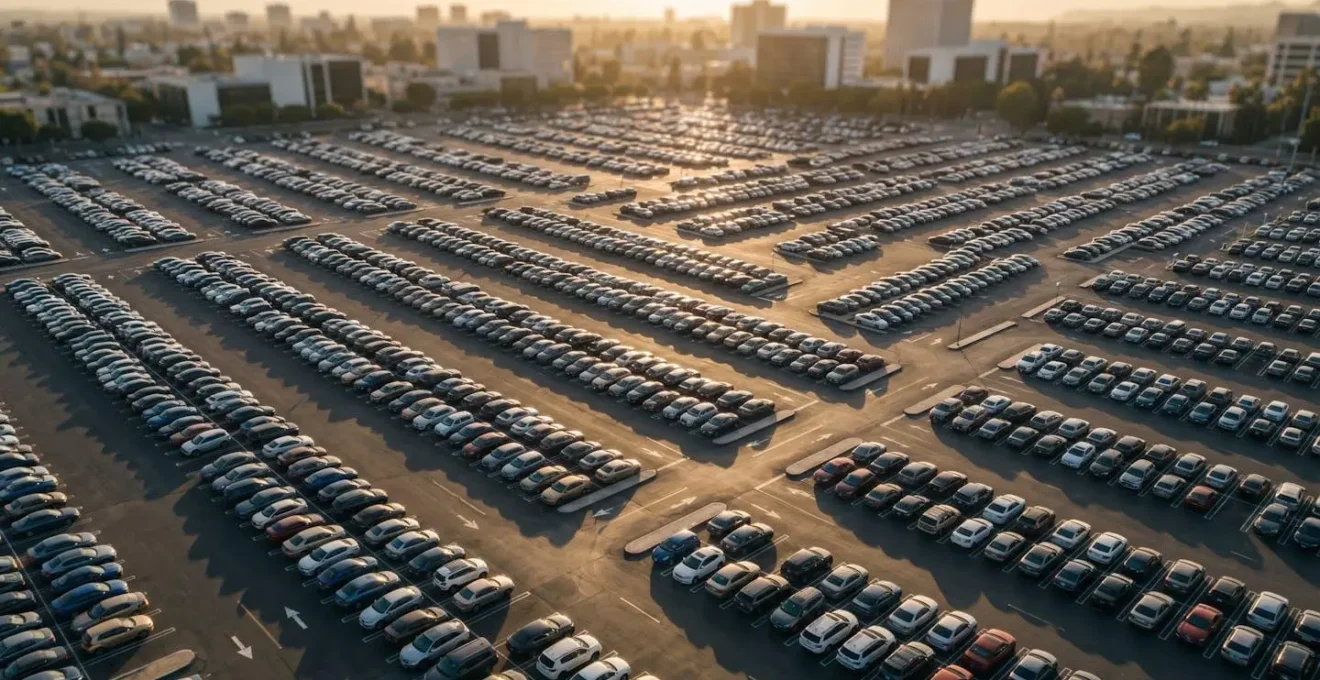 Vue aérienne minimaliste d'un espace de stationnement urbain avec véhicules garés