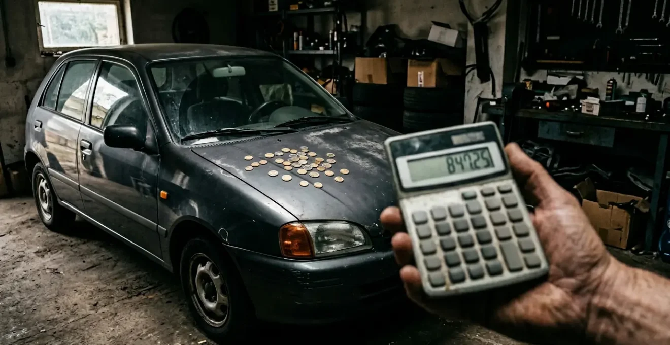 Main tenant une calculatrice devant une citadine ancienne garée dans un garage sombre avec des pièces de monnaie éparpillées sur le capot