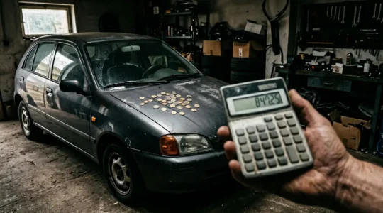 Main tenant une calculatrice devant une citadine ancienne garée dans un garage sombre avec des pièces de monnaie éparpillées sur le capot