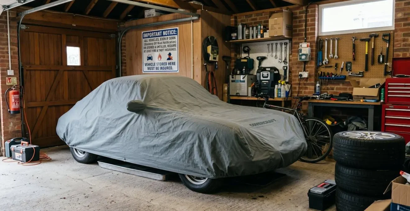 Vue intérieure d'un garage privé avec une voiture recouverte d'une bâche de protection illustrant l'obligation d'assurance même pour un véhicule non roulant