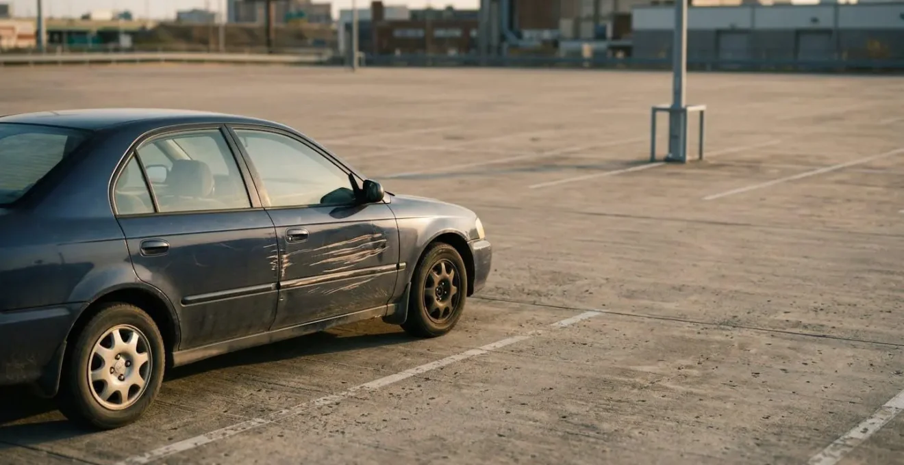 Portière de voiture endommagée sur un parking, conflit avec compagnie d'assurance